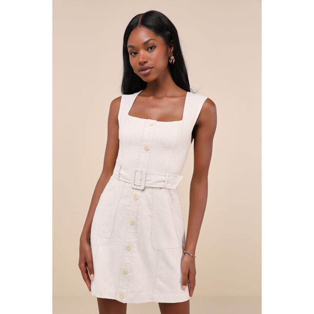 Lulus Modern Composure Beige Linen Belted Mini Dress With Pockets - Size XL
